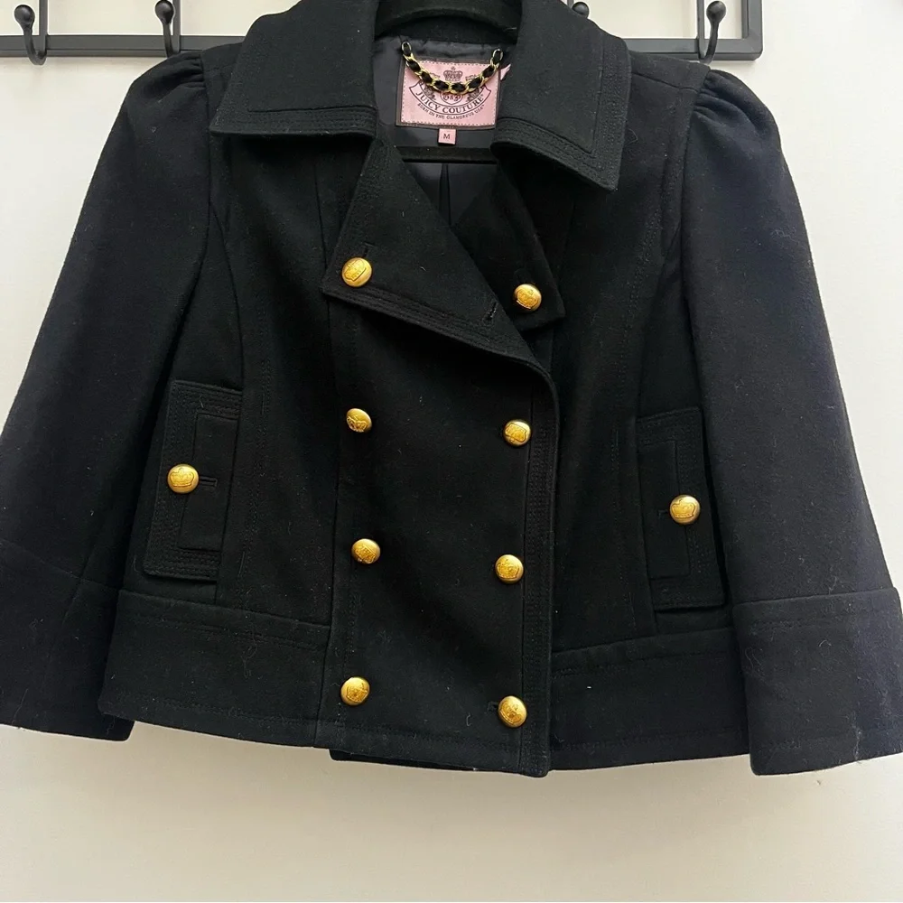 Vintage Juicy Couture Black Cropped Double Breasted Wool Pea Coat | Gold Accents - Picture 6 of 7